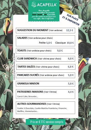 Menu du Coffee Shop Acapella